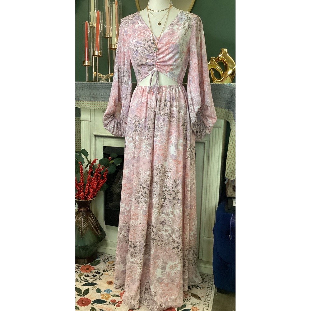 Entro Pink Floral Cutout Maxi Dress Balloon Sleeve V-Neck Boho D17638‎ Small